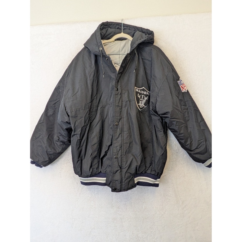 NFL Raiders Puffer Jacket Men's L Black Hooded Vintage Style Embroidered Logo